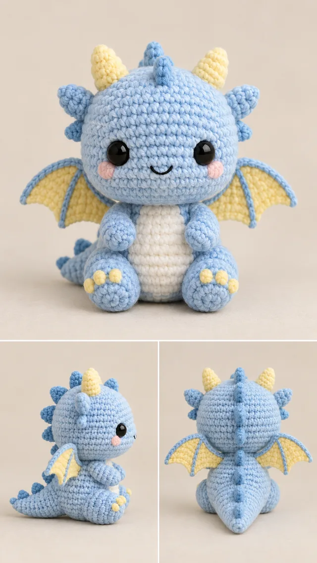 AI concept of a blue crochet baby dragon amigurumi with yellow wings, horns and belly scales, three views
