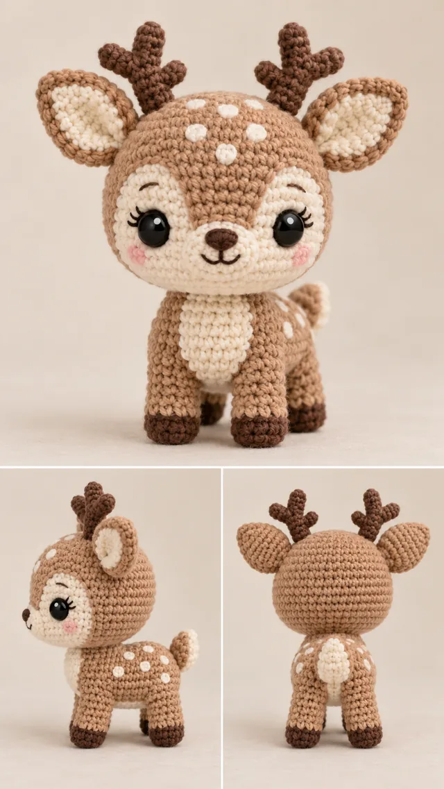 AI concept of a brown crochet fawn amigurumi with cream spots, large eyes and small antlers, three views