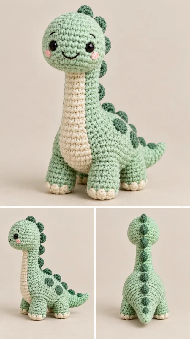 AI concept of a mint green crochet long-neck dinosaur amigurumi with dark green spots and gentle smile