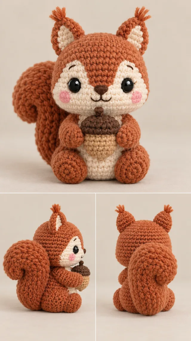 AI concept of a rust orange crochet squirrel amigurumi holding a small acorn with a curled fluffy tail