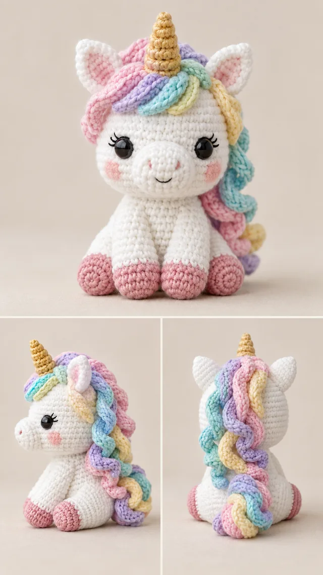 AI concept of a white crochet unicorn amigurumi with pastel rainbow mane, golden horn and pink hooves