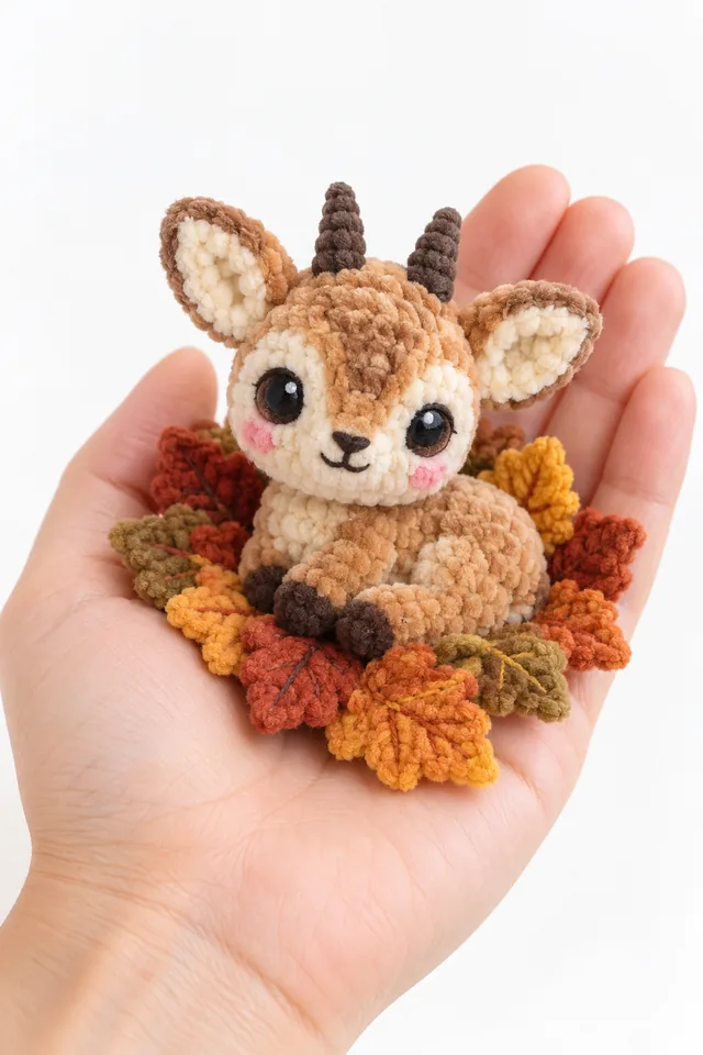 AI concept of a tan plush-look crochet deer with large ears and two small dark antlers, seated among orange, rust and golden leaves.
