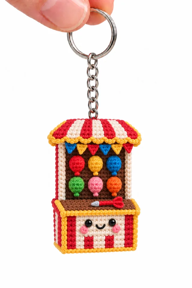 AI concept of a tiny crochet-look balloon dart game stall keychain with a red-and-white striped awning, a back wall of red, yellow, blue, green and pink balloons and a tiny dart on the counter.