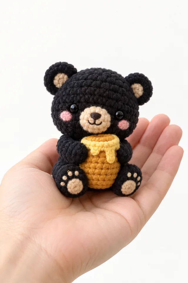 AI concept of a black plush-look crochet bear holding a golden honey jar, with a cream muzzle and visible paw pads.
