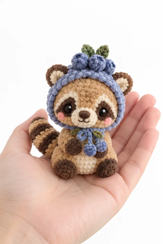 AI concept of a tan crochet raccoon with a striped tail and blue hood topped with blueberry-like shapes and green leaves.