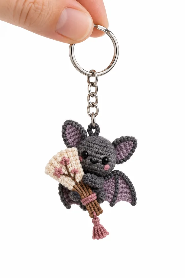 AI concept of a tiny crochet-look gray bat keychain with purple wings, pink cheeks and a little fang, holding a bouquet of dried flowers tied with a pink tassel.