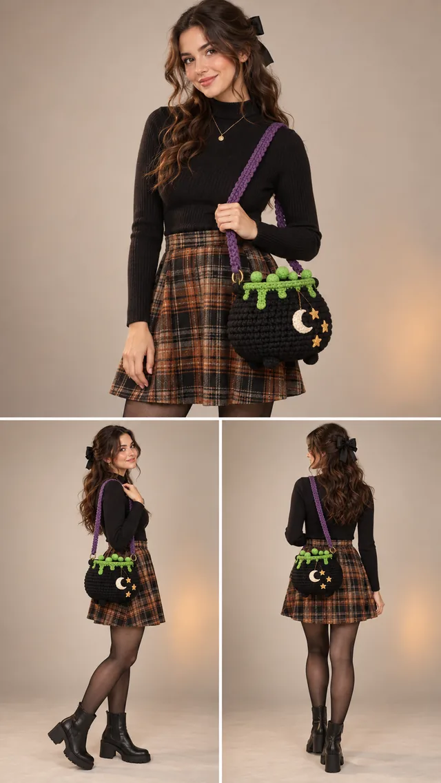 AI concept of a black crochet-look crescent-moon bag with a smiling face, green bat appliqués, a hanging crescent charm and star stitching, worn with a plaid skirt and purple strap.