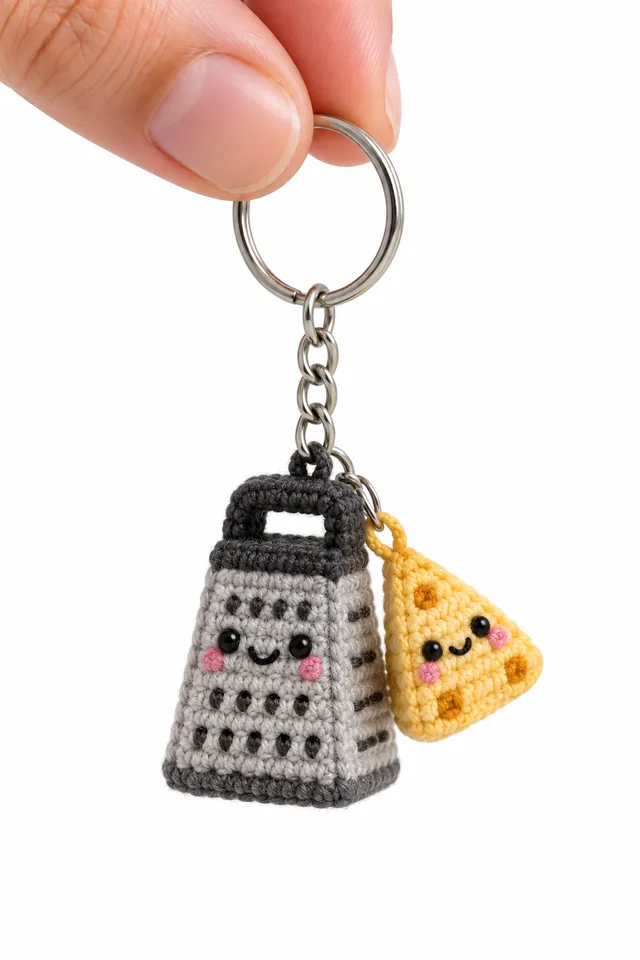 AI concept of a tiny crochet-look gray cheese grater keychain with dark holes, a smiling face and a handle, standing beside a small yellow cheese wedge with a face.