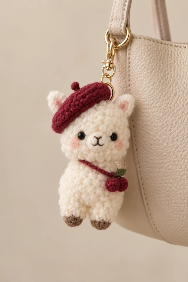 AI concept of a tiny crochet-look white llama bag charm wearing a burgundy beret and a cherry pendant on a red cord, clipped to a white leather bag.