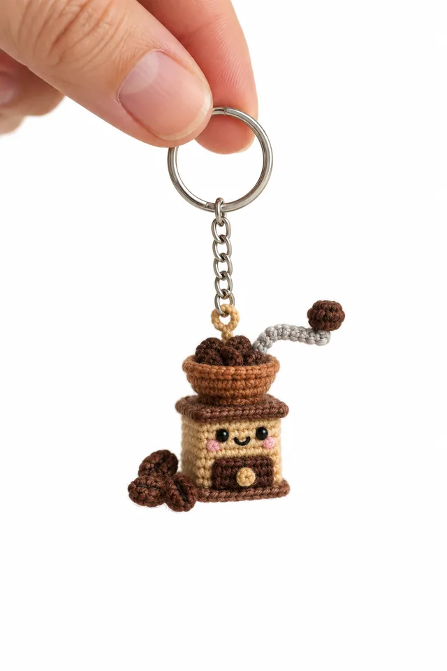 AI concept of a tiny crochet-look vintage coffee grinder keychain in browns with a crank handle and a smiling face, with a small crocheted coffee bean beside it.