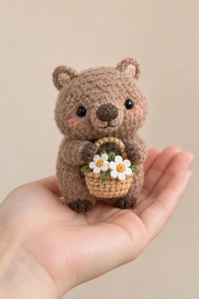 AI concept of a tiny crochet-look brown bear holding a woven basket full of white daisies, resting on a hand.