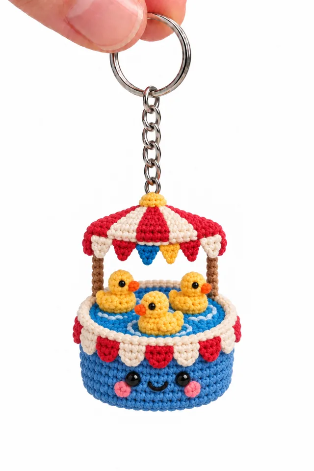 AI concept of a tiny crochet-look duck pond ride keychain with a red-and-white striped umbrella canopy, blue pond basin and three small yellow ducks, hanging from a key ring.