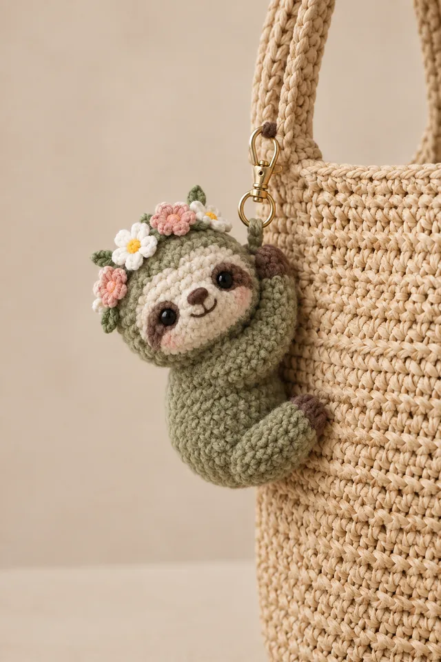 AI concept of a tiny crochet-look moss-green sloth bag charm with a flower crown of daisies and roses, clipped to a woven straw tote bag.