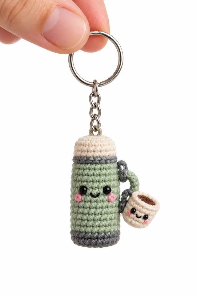 AI concept of a tiny crochet-look sage-green French press keychain with a cream lid, smiling face and a tiny baby coffee cup hanging from its handle.