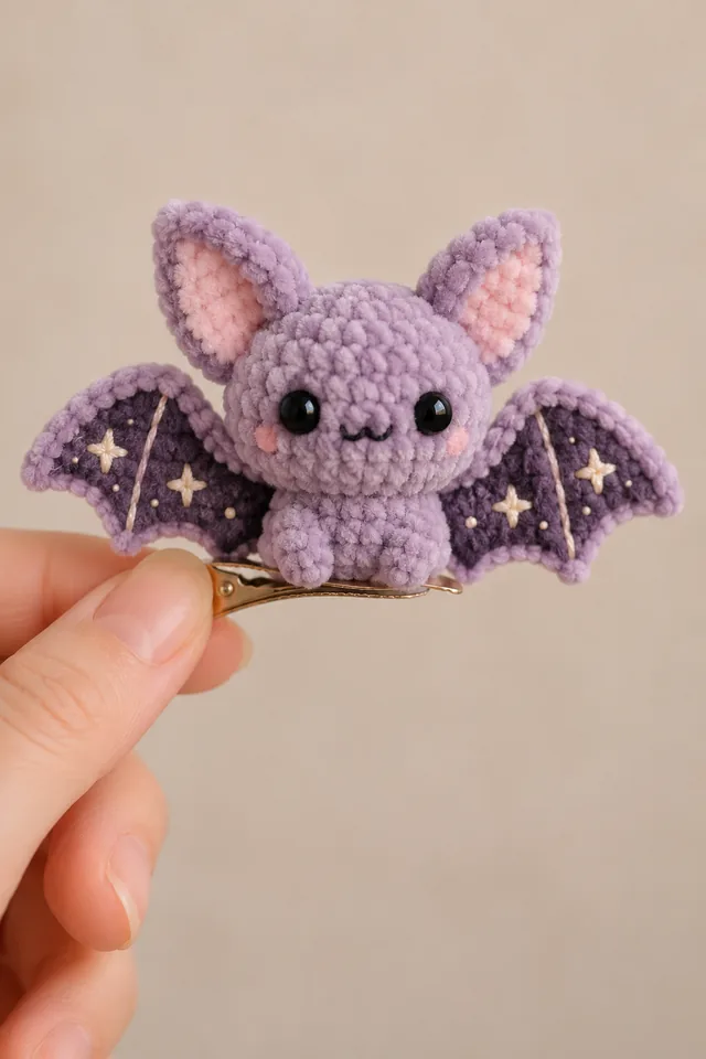AI concept of a tiny crochet-look lavender bat with big ears and dark purple wings patterned with stars and moons, mounted on a gold hair clip.