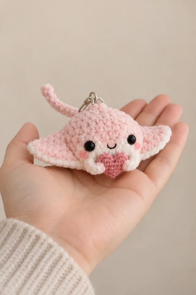 AI concept of a tiny crochet-look pink axolotl with a frilly gill mane, holding a red glitter heart against its chest, resting on a hand.