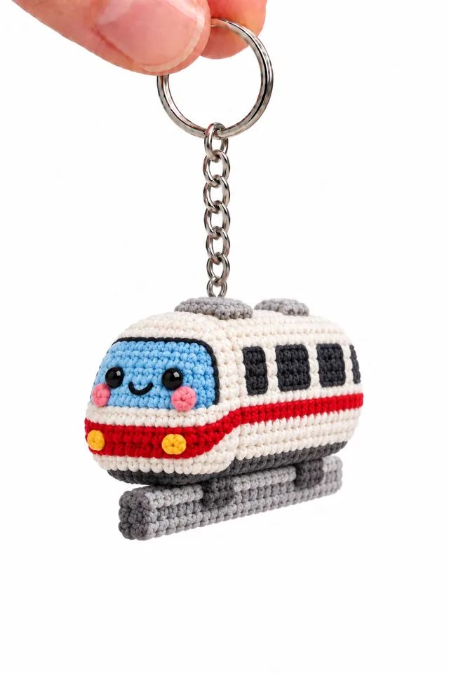 AI concept of a tiny crochet-look monorail train keychain with a white and red body, blue front with a smiling face and dark windows, riding a gray track, hanging from a key ring.