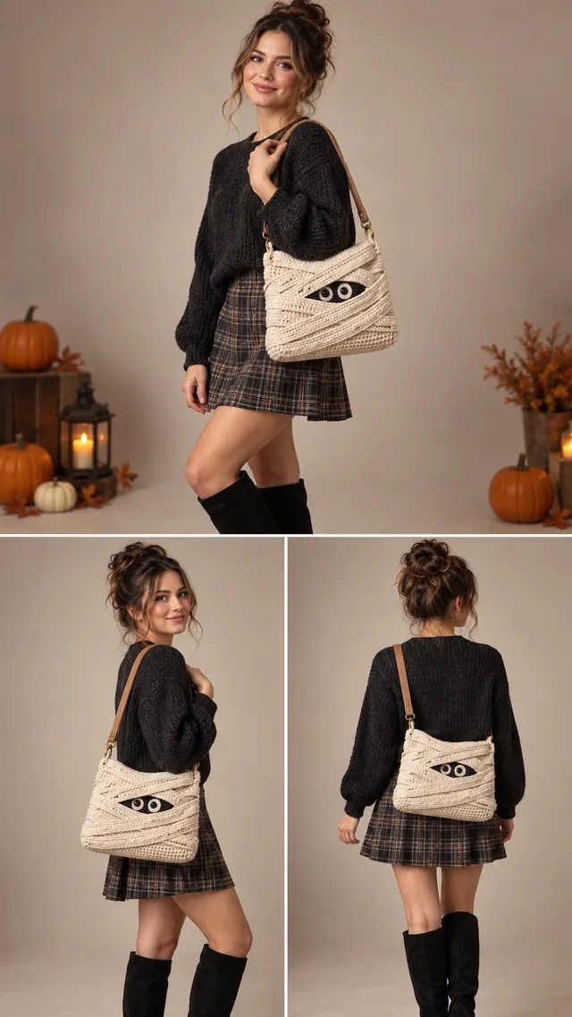 AI concept of a cream crochet-look hobo bag wrapped like mummy bandages with one large appliquéd eye, worn with a black cardigan and plaid skirt.