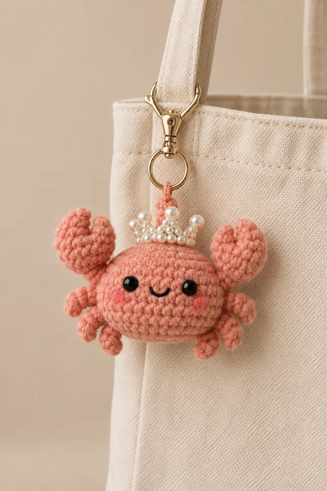 AI concept of a tiny crochet-look pink crab bag charm with raised claws, black eyes and a tiara of white pearls, clipped to a white canvas bag strap.