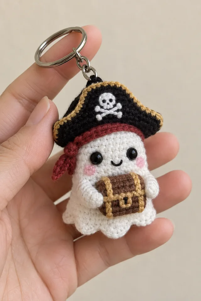 AI concept of a tiny crochet-look white ghost keychain wearing a black pirate hat with skull emblem, red headscarf and holding a small brown treasure chest.