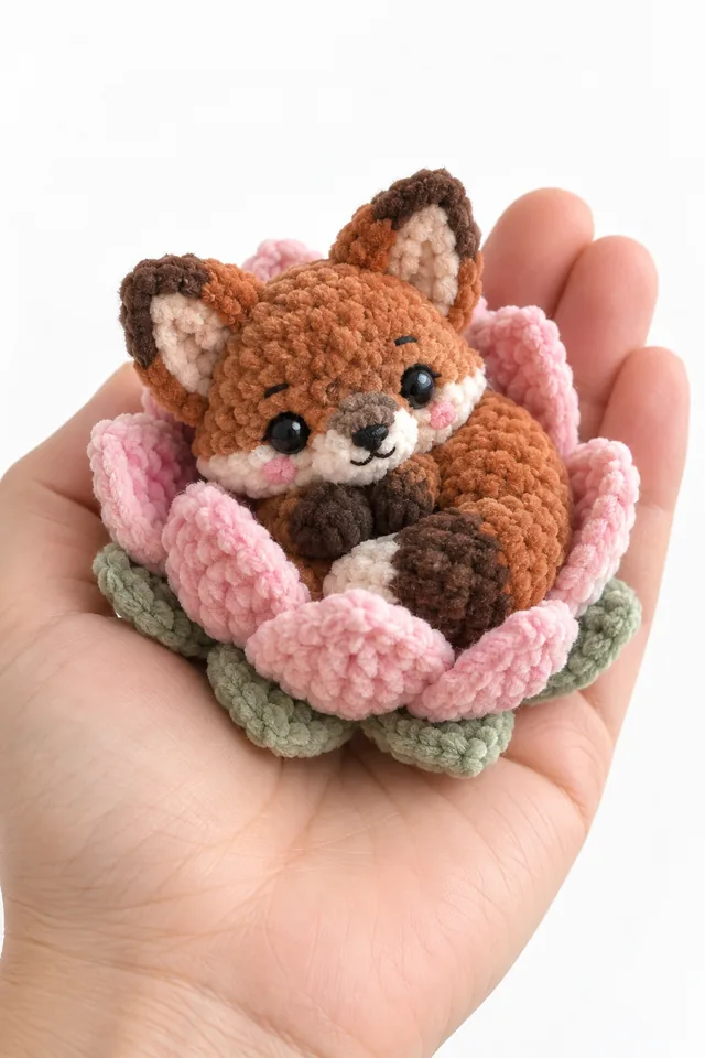 AI concept of a rust-colored plush-look crochet fox sitting inside pink petals with green leaves on a hand.
