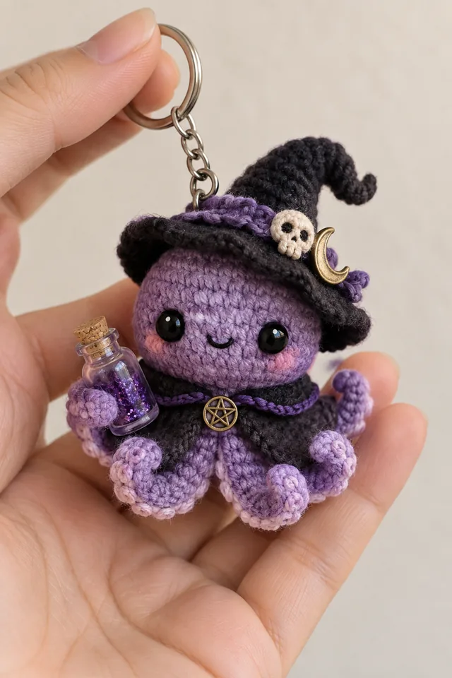 AI concept of a tiny crochet-look purple chibi witch with black curly hair, a black hat with skull and crescent-moon pins, holding a corked potion bottle.