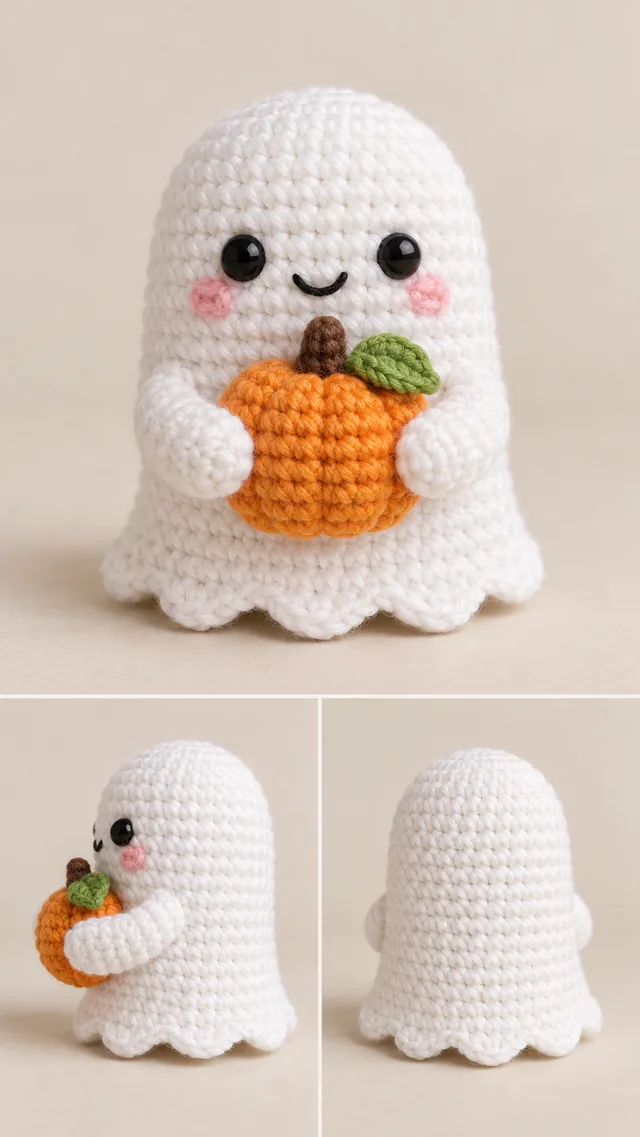AI concept of a tiny crochet-look white ghost chibi with rosy cheeks holding a small orange pumpkin with a green leaf, shown from the front and back.