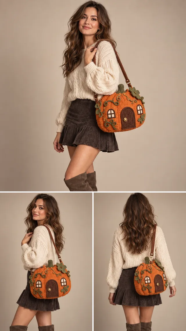AI concept of an orange crochet-look pumpkin-shaped bag designed as a tiny cottage with windows, a round door, green roof leaves and a brown strap, worn with a cream sweater and boots.