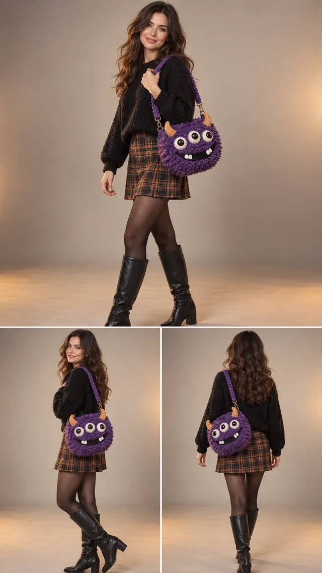 AI concept of a shaggy purple crochet-look monster bag with big eyes, tiny horns, ears and a toothy grin, worn with a black top and plaid skirt.