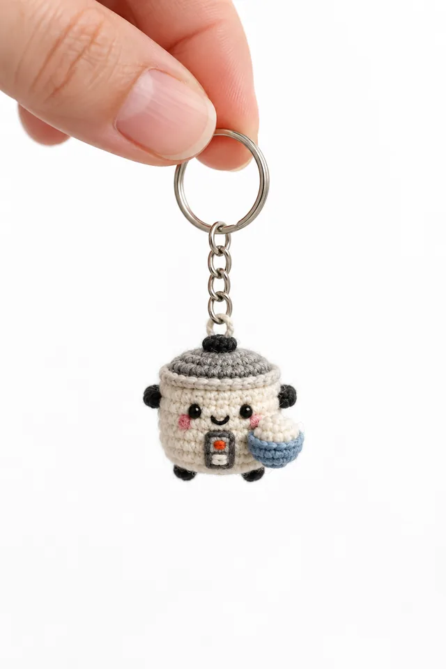 AI concept of a tiny crochet-look cream rice cooker keychain with a gray lid, black button details, a smiling face and a small bowl tucked under its lid.
