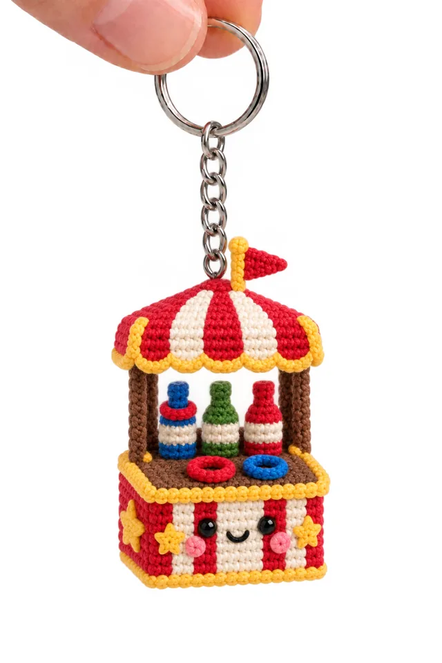 AI concept of a tiny crochet-look ring toss booth keychain with red-and-white striped canopy, counter with rings and small prize bottles, hanging from a key ring.