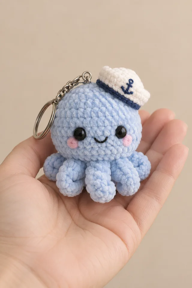 AI concept of a tiny crochet-look powder-blue octopus with a white sailor hat embroidered with a blue anchor, held in a hand.