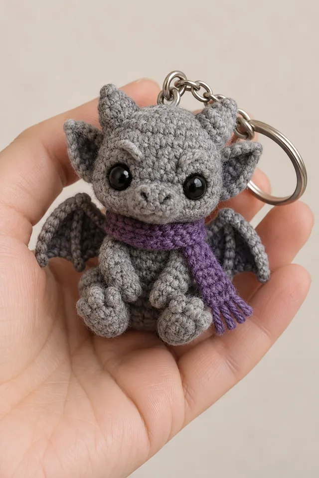 AI concept of a tiny crochet-look gray bat keychain with big ears, spread dark wings and a fringed purple scarf, hanging from a key ring.