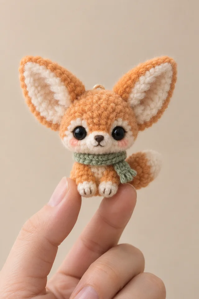 AI concept of a tiny crochet-look orange-and-white corgi pup with big ears, wearing a sage-green scarf, resting on fingertips.