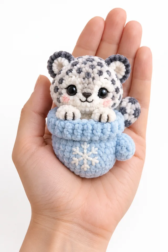 AI concept of a white and gray spotted crochet snow leopard peeking over a pale blue mug decorated with a white snowflake.