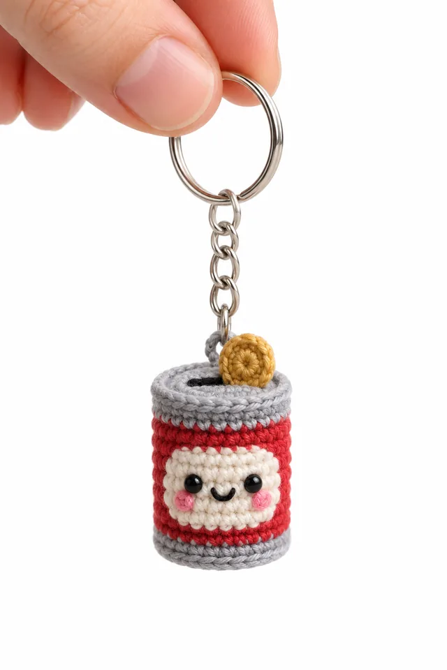 AI concept of a tiny crochet-look red soda can keychain with a silver top, a smiling face on the front and a small crocheted cookie resting on top.
