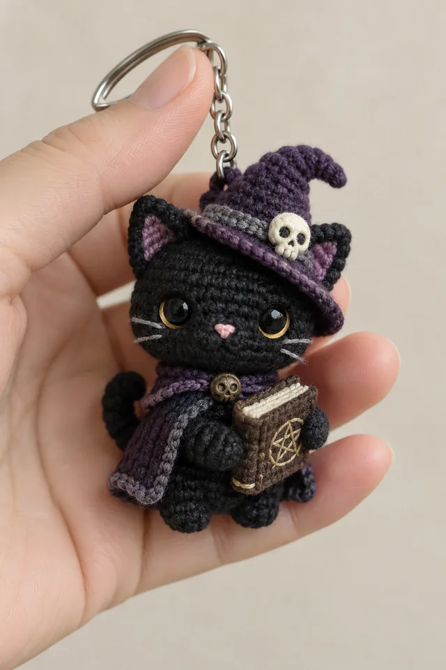 AI concept of a tiny crochet-look black cat keychain wearing a purple witch hat with a skull charm, hugging a brown spell book with a pentacle clasp.