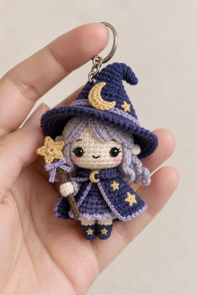 AI concept of a tiny crochet-look chibi witch keychain with lavender hair, a dark blue hat with moon and star appliqués, a star wand and a crescent-moon dress clasp.