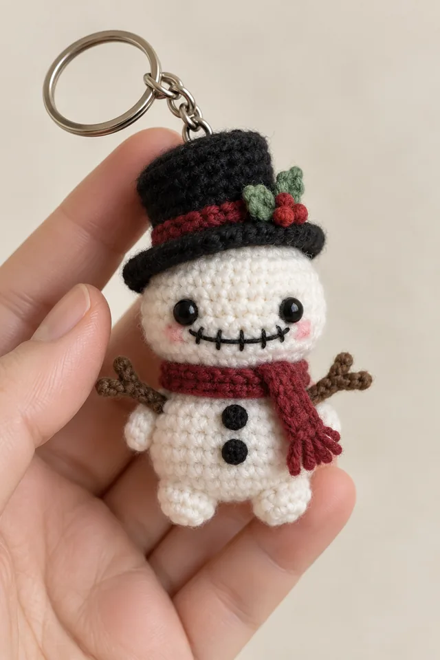 AI concept of a tiny crochet-look white chibi ghoul with a stitched smile, black hat with holly and berries, red scarf and twig arms.