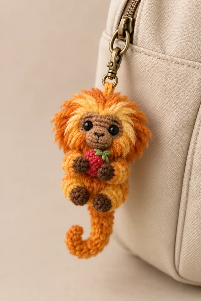 AI concept of a tiny crochet-look shaggy orange lion bag charm with a full yarn mane, holding a red strawberry, clipped to a white handbag zipper.