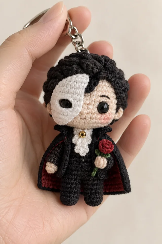 AI concept of a tiny crochet-look chibi vampire boy keychain with split black-and-white hair, a black cape with red lining, white cravat and a red rose at the chest.