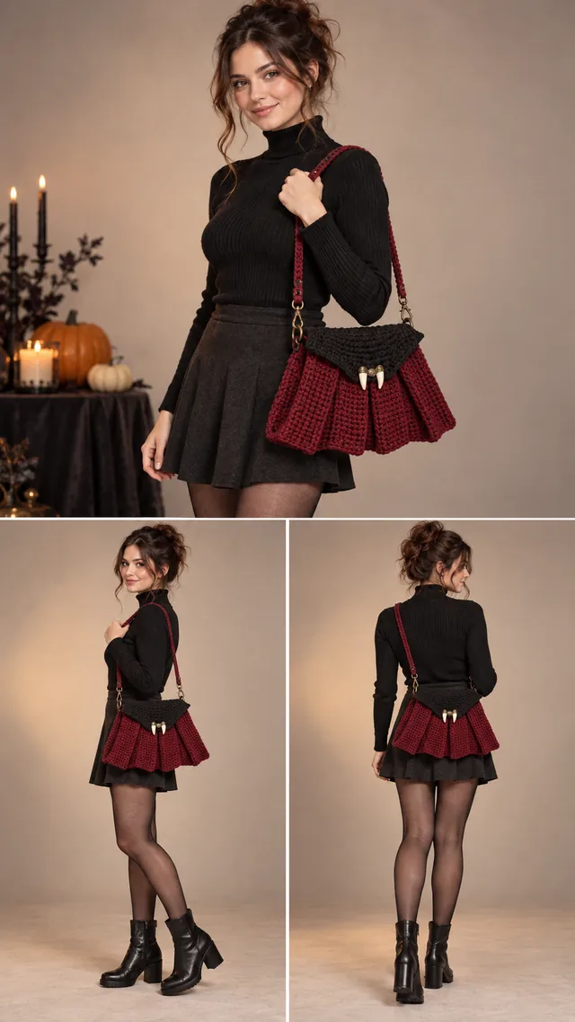 AI concept of a burgundy crochet-look bag shaped like a vampire cape with a high collar and two white fang clasps, worn with a black turtleneck and pleated skirt.