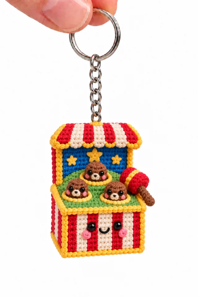 AI concept of a tiny crochet-look whack-a-mole game keychain with a red-and-white striped case, star-decorated back panel and three brown moles popping up with a red mallet at the side.