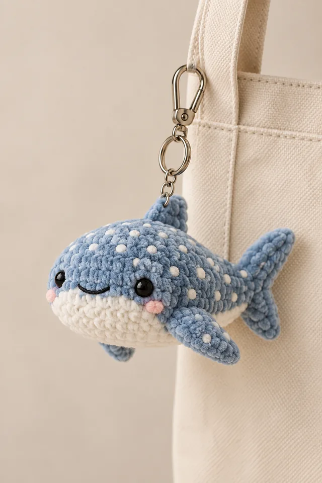 AI concept of a tiny crochet-look blue whale shark bag charm with white spots, a white belly and a gentle smile, hanging from a light bag strap.