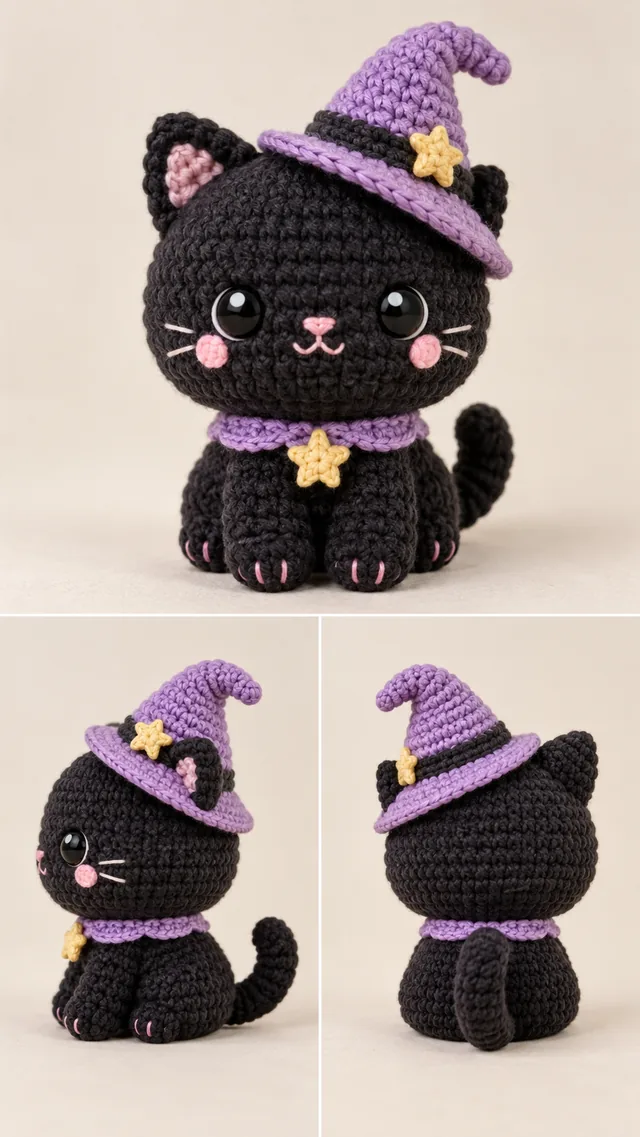 AI concept of a tiny crochet-look black cat chibi wearing a purple witch hat with star charms and a purple collar, sitting with its tail curled.